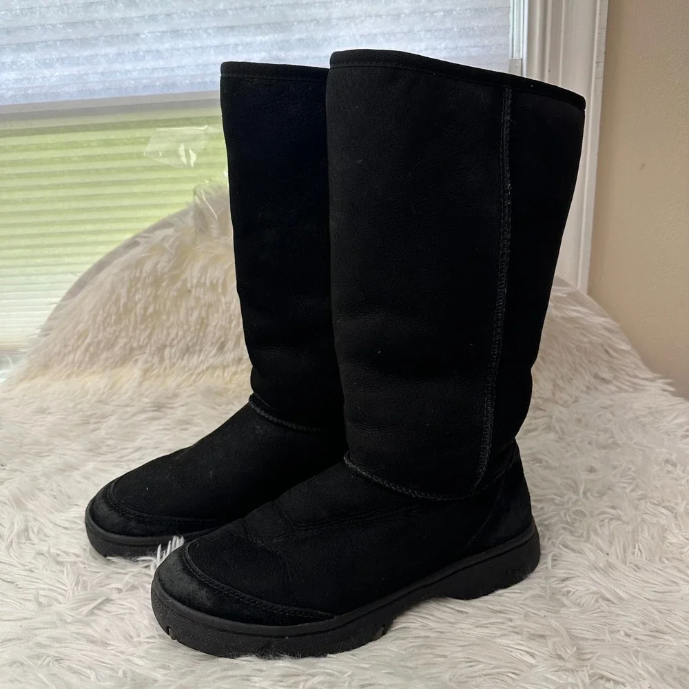 UGG Ultra Tall Revival Boots Black Suede Tasman Braid Aztec Sz 7 Shearling Lined
